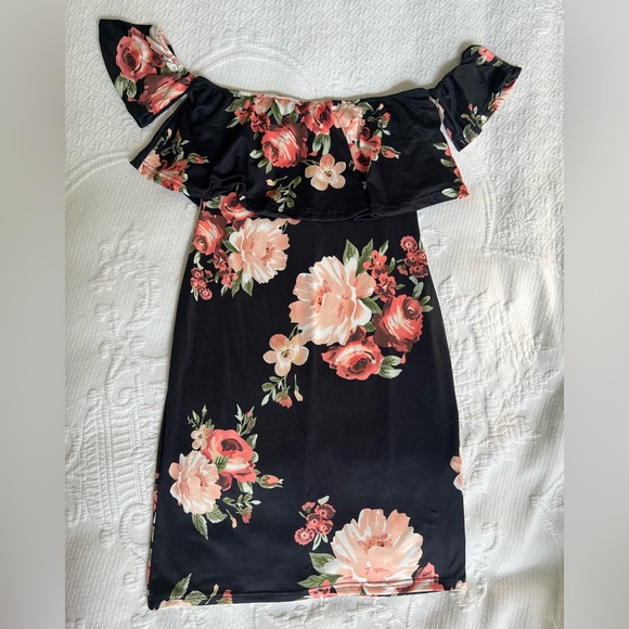 Vintage Off-the-Shoulder Sleeve Dress Black/Rose Floral Women’s Size Small - Picture 13 of 14